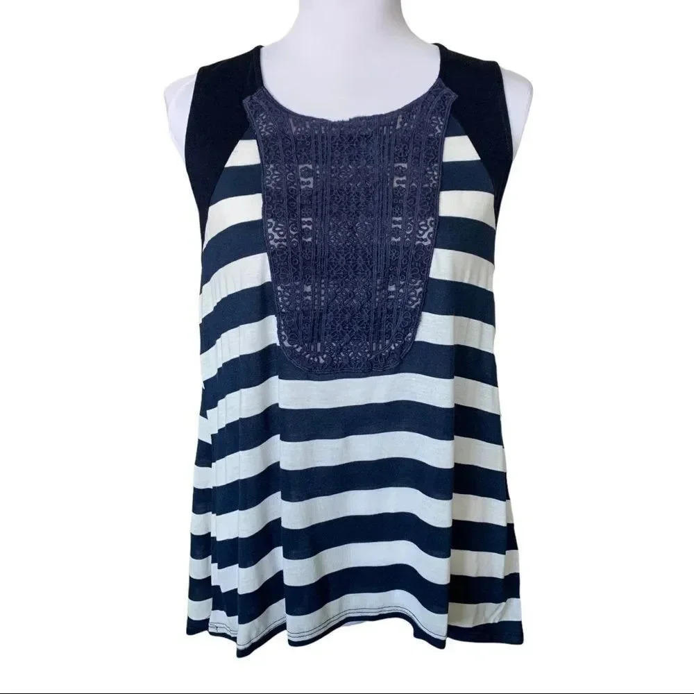 Moon & Sky Blue and White Striped Top Lace Inset Sleeveless Top Brand New